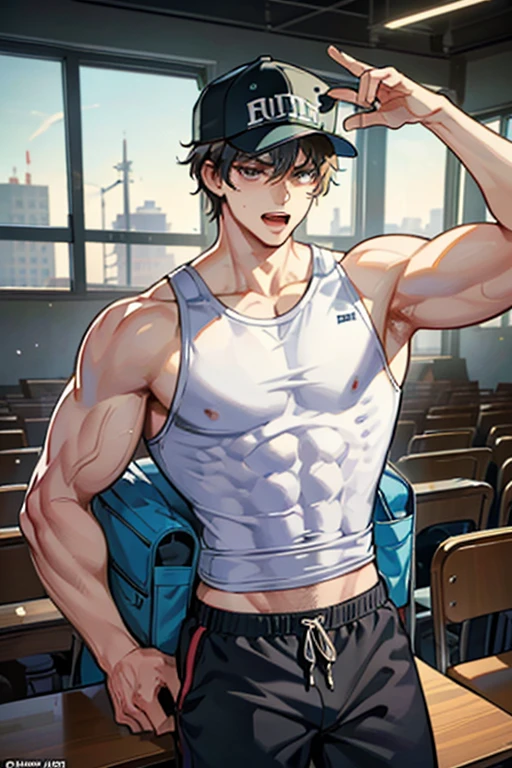 A young perspiring impossibly massively muscular male college student wearing a tank top that reads JOCK-U and a backwards bro baseball cap that says DUNCE sits on a stool in front of an empty lecture hall and flexes his biceps as he stares blankly with open mouth as he grows dumber and dumber to demonstrate his journey to grow into a big dumb bodybuilder jock bro like the rest of the class while a teacher nods in approval. The teacher is wearing sweatpants and a tank top. Big biceps. Big triceps. Big traps. Broad shoulders. Broad chest. Thick stubble. Bro. Hairy armpits. IQ drain. Hyper muscles. Huge crotch bulge. Brainwashing. Dumber.