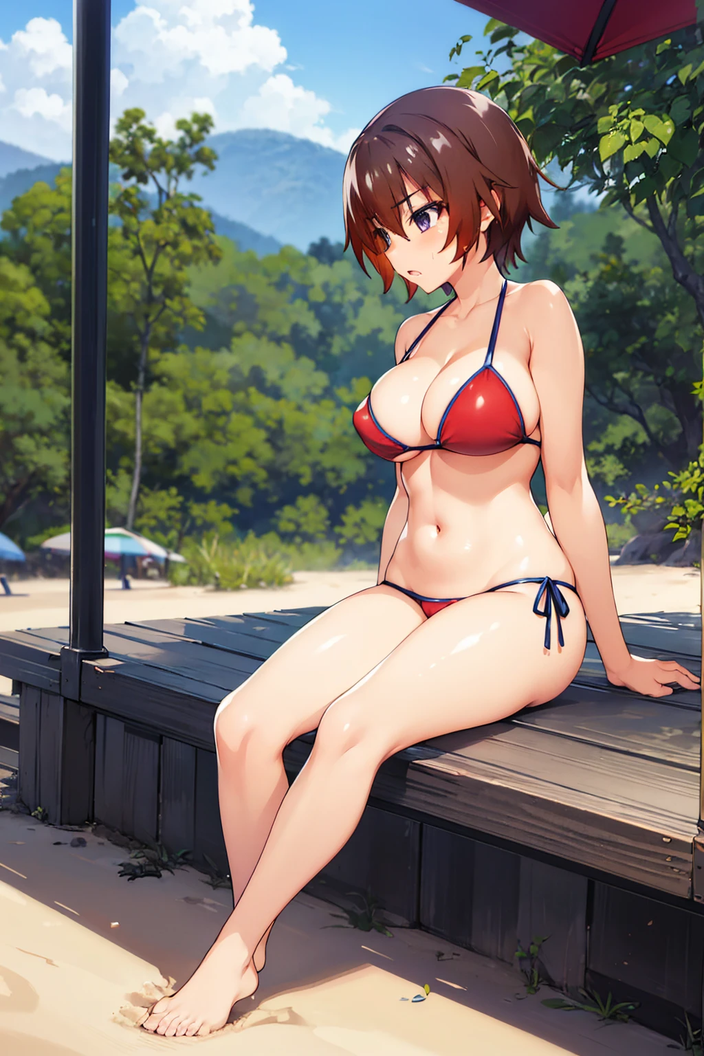 When They Cry Keiichi Maebara big breasts breast enlargement breasts pumped up bikini full-body shot illustration of a person sitting on the beach, ultra-detailed, HDR, vibrant colors, soft lighting high quality and super detailed
