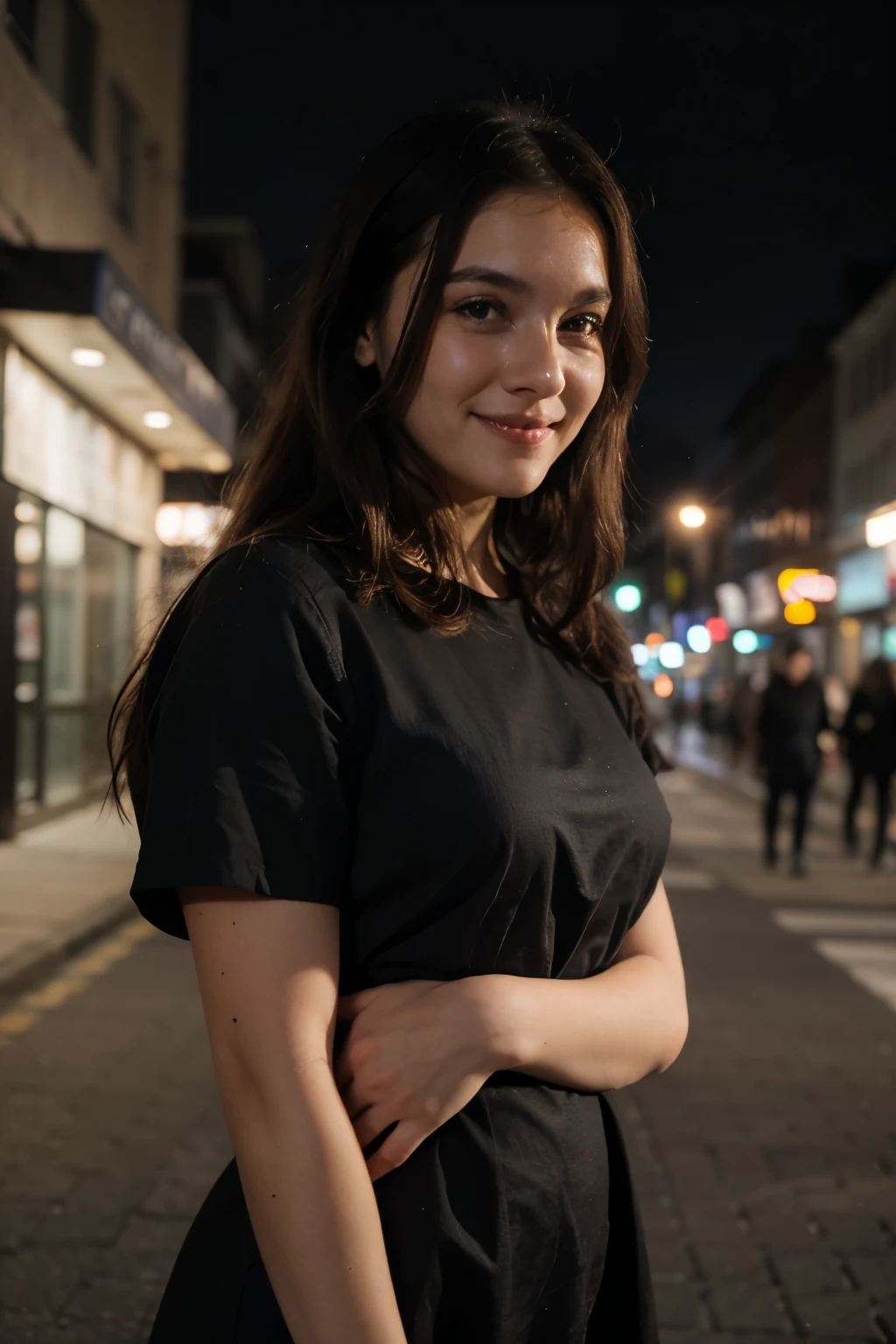 RAW photo, face city night background photo of beautiful 26 y.o woman, cute face, wearing black dress, happy face, hard shadows, cinematic shot, dramatic lighting, brazilian
