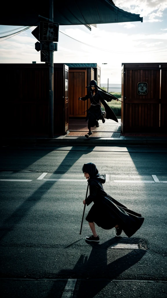 The black grim reaper chases the girl、A girl running away with a frightened expression