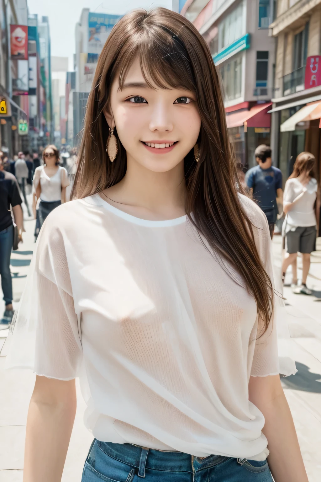 1 Japanese beautiful girl,28yo girl, Super beautiful detailed face, (smile:1.4), earrings, (brown seni-long straight hair style:1.4, bangs),(front view), (medium shot), (chubby body), (neutral-colored large areola),(completely nude:1.3),hairy pussy,nipples, Naked, BREAK, masterpiece, best quality, ultra quality, high quality, realistic, photo realistic, RAW photo, hyper detailed, intricate detaile,(crowded street:1.3),cinematic lighting,(picture above the knee), BREAK ((see-through white T-shirts:1.3)),cargo shorts,(no bra),(covered nipples),