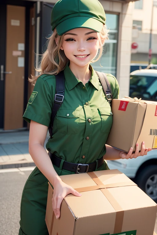A delivery person smiling and winking while holding a package,she wearing green uniform with words “jnt cargo”