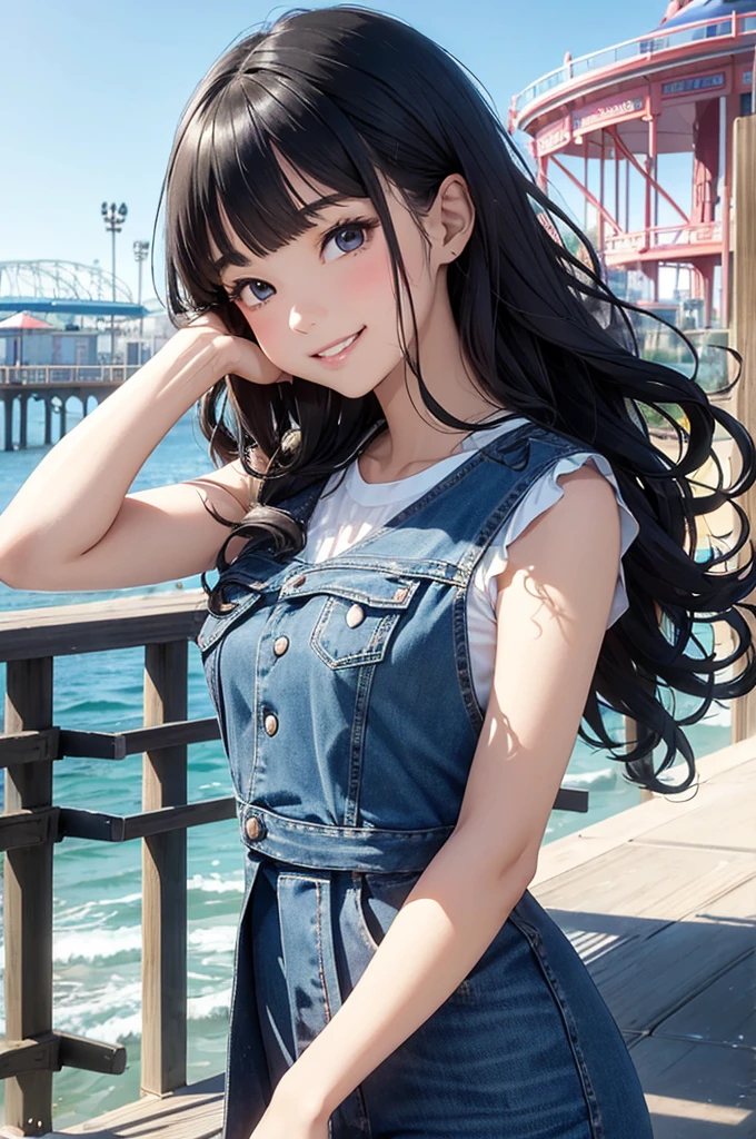 (masterpiece, best quality:1.1),popart style,flat color,({Mia},1girl,japanese,tween,beautiful detailed face,(navy hair),((wavy-short hair)),parallel eyebrows,navy eyes with large irises,blunt bangs,small nose, fresh lips,small breasts,(5feet tall)),. BREAK.enjoy travel,((at Pacific Park on the Santa Monica Pier)), beautiful detailed scenery,very happy,smile,open mouth,. BREAK. ,Flowy sundress,denim vest,dynamic angle,photographic portrait, sharp,