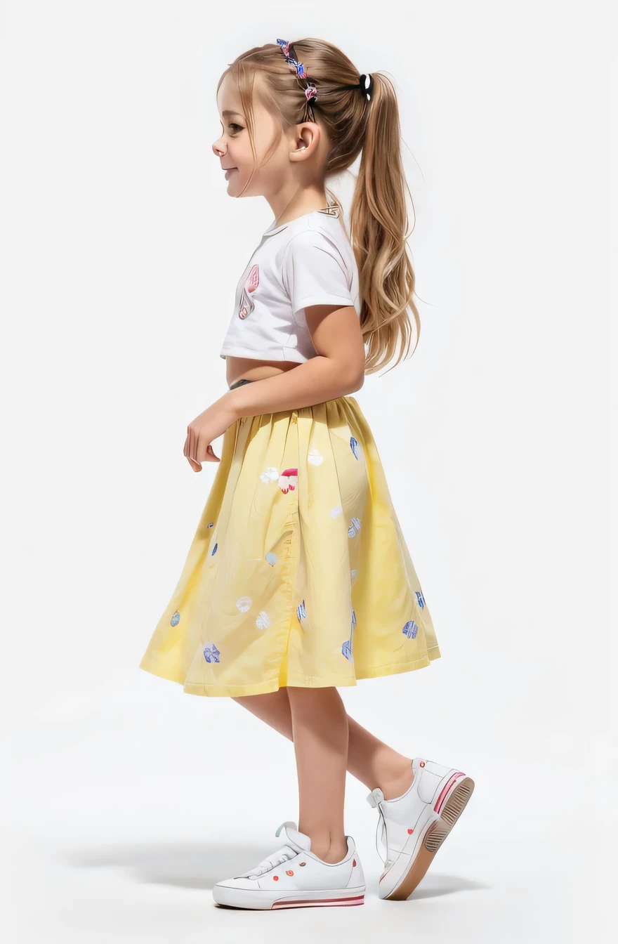 Fedora in jeans walking with a skateboard on a white background, (3 year old girl:1.66) ,(Girl)(blonde:1.88),(Double braided chest:1.37),(smile:1.37), (White sneakers),(Light floral skirt:1.37),(Long skirt:1.37)Profile portrait of a girl walking, Full body cute young woman, Side view of her taking a step, Standing girl, Cute Girl's, Go right, Full body image, Profile portrait