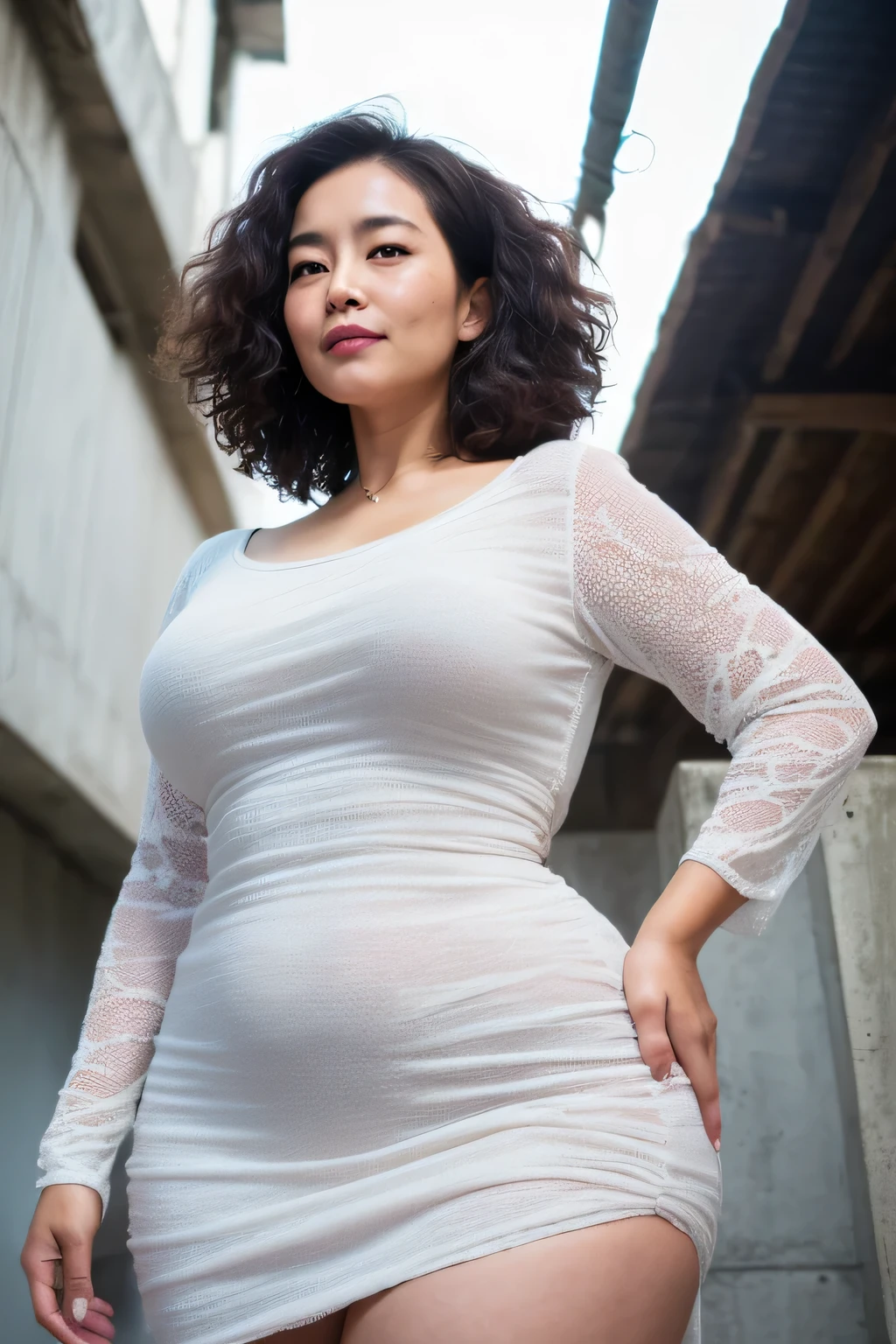 (top-quality, masterpiece,photo realistic,ultra-detailed,Textured skin:1.2),(from below),(1 girl),booty pose,unfaced concrete Background,
break  knit dress,glossy lips,
break (japanese mature woman),(50 years old),
break (natural hair style),natural eyeblow,smile,