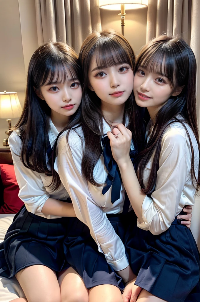 ((Four schoolgirls sitting on bed,Sit across from me,Look at me affectionately fascinated、Enraptured look,Trance,Everyone sees the camera perfectly,1 beautiful girl who is half Spanish,a blond,Brown hair,A dark-haired,photoRealstic,Luxury hotel bed taken from the lap,Same uniform,japanese,4 schoolgirls,Play with each other,Touching each other's bodies,Touching the body of the girl next door,4 Close contact,Very hilarious pose)),(Navy blue skirt in a sailor suit、Red ribbon and white shirt,Same ,large full breasts,very huge round breasts,Beautiful makeup,glitter makeup,Cutest 18 years old)),((Realistic lighting,during daytime,The background is a luxury hotel room,A detailed face,perfect teeth,White teeth,finerly detailed face,Beautiful face,an ecstatic look on one's face,Perfect fingers,Accurate 5 fingers,high-definition RAW color photography, professional photograpy, extremely delicate and beautiful, Extremely detailed,finely detail, Huge file size,Top image quality,8K))