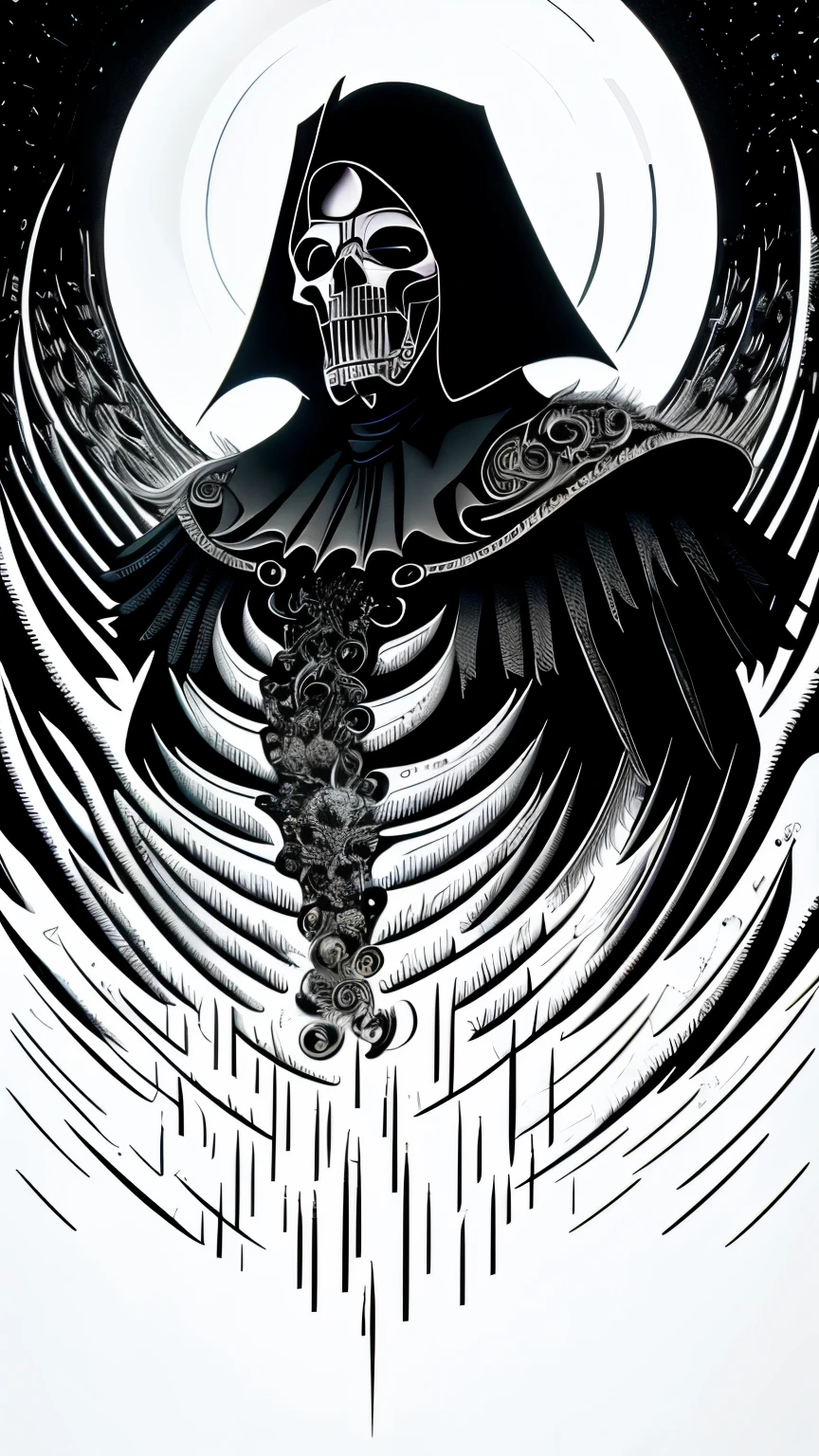 rare piece of art, best quality, super fine, 16k, incredibly absurdres, extremely detailed, delicate and dynamic, piece that is all black, white line art, black death, black grim reaper, darkness, despair, a ray of light