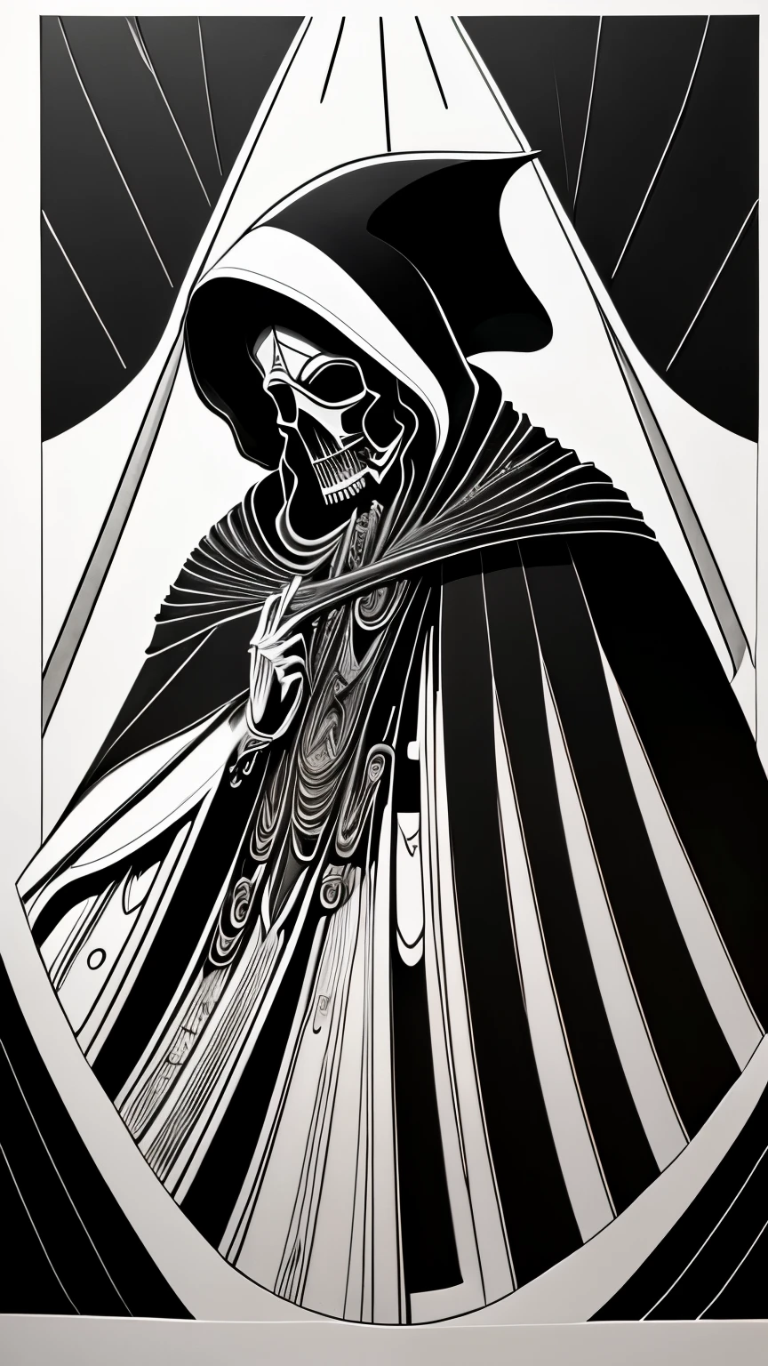 rare piece of art, best quality, super fine, 16k, incredibly absurdres, extremely detailed, delicate and dynamic, piece that is all black, white line art, black death, black grim reaper, darkness, despair, a ray of light