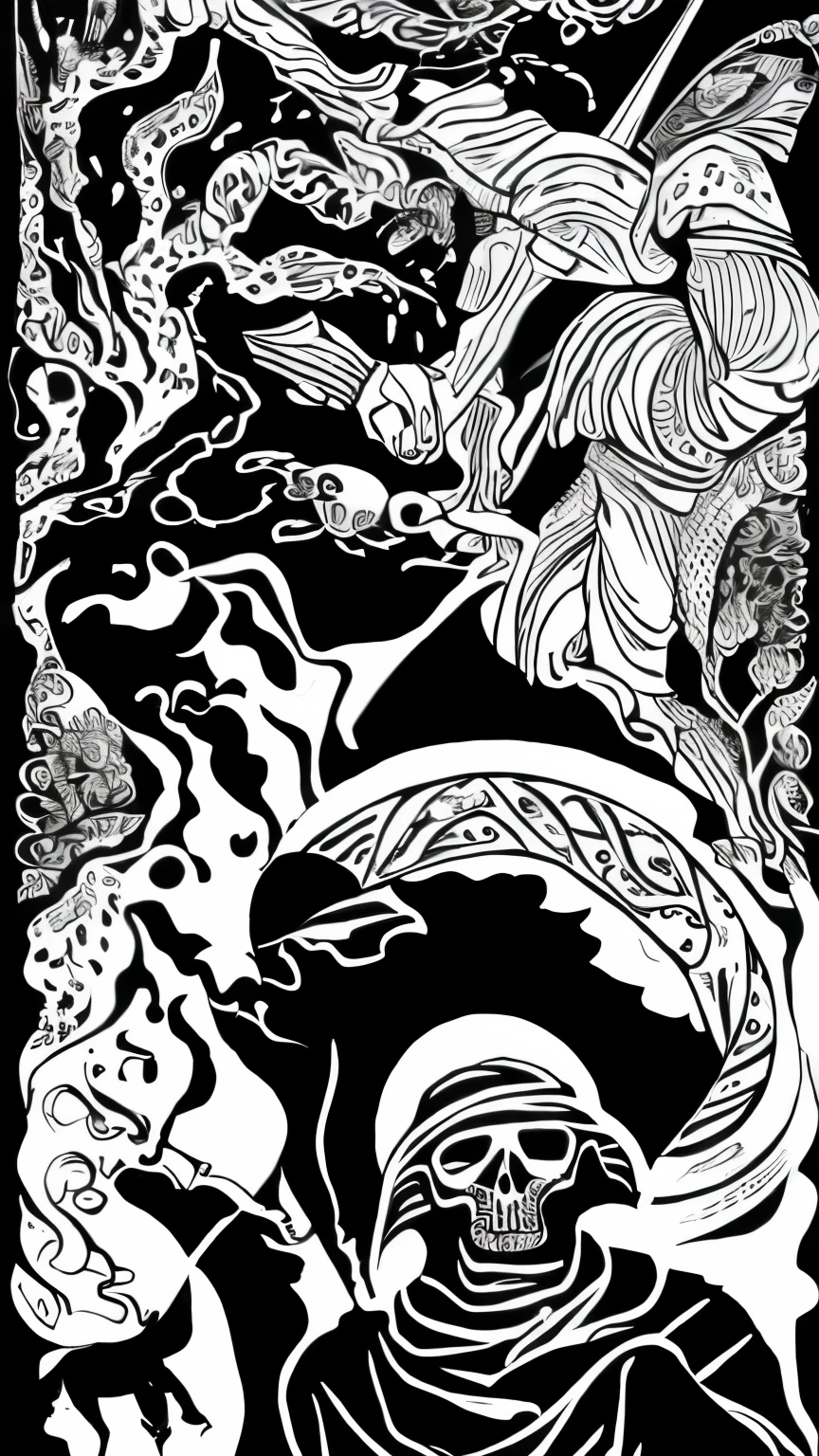 line art, black and white, a lone girl in the beach, long hair,