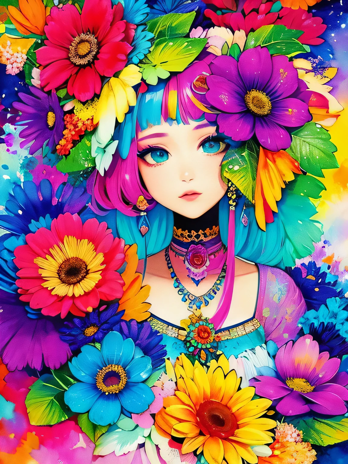 Komugiko 2000 Style、(((stylish fashion))), 8K Quality、Intense watercolor, Detailed watercolor art, Watercolor splash, Surreal, avant-garde pop art, Beautiful and expressive paintings, Beautiful artwork illustration, Very colorful tones, wonderful, Cool beauty, highest quality、Official Art, Vector art, Stylish design, (((The most beautiful girl))), (((highest quality))), HDR, ((detailed)), (((Doodle Art)), ((masterpiece)), ((Super detailed)), (((Colorful flowers))),(((Stylish))),