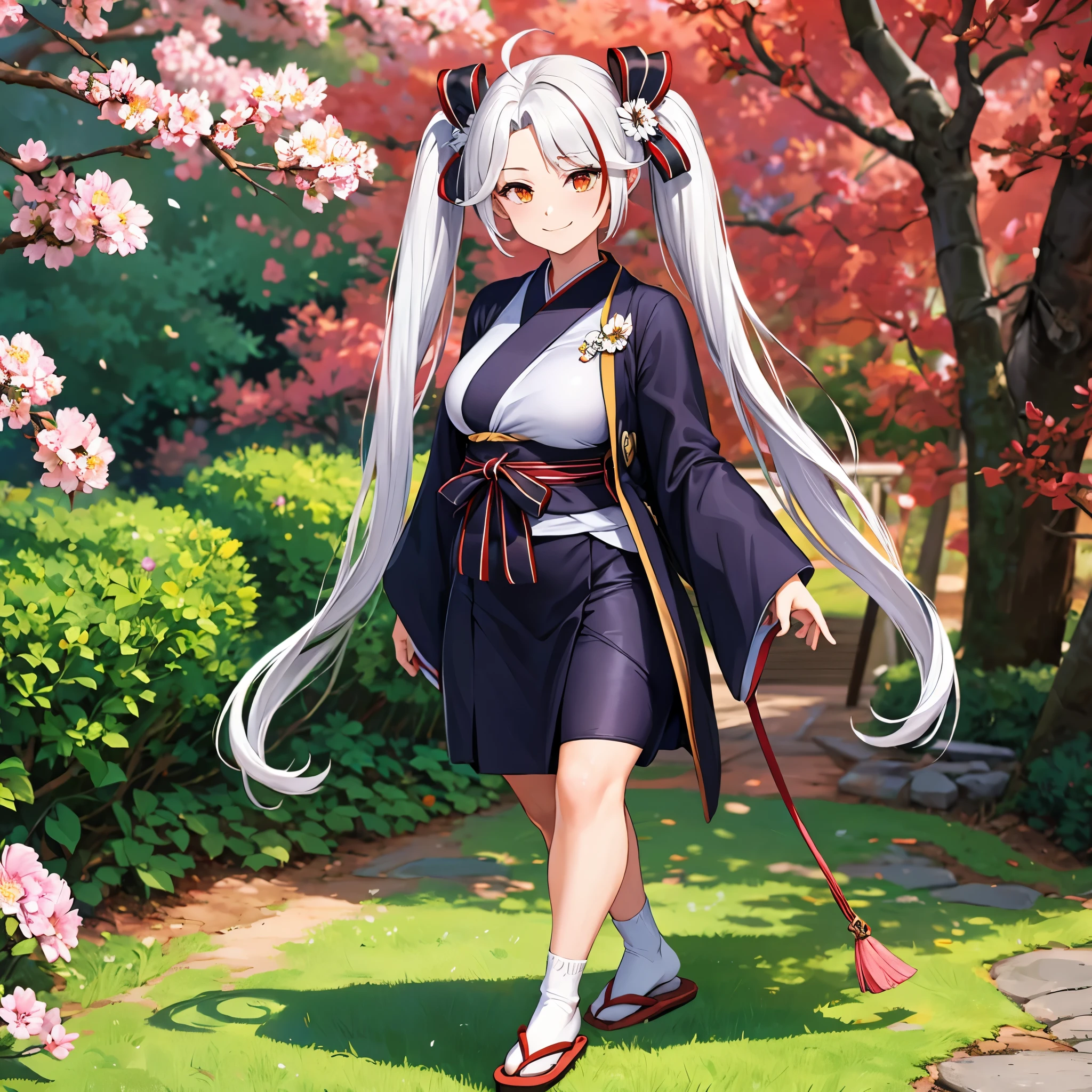 A woman wearing a black long-sleeved Yukata (with a flower design on the yukata), long white socks, traditional Japanese shoes, white fur cape, white hair, pigtails, red bow on the pigtails, red bangs, orange eyes , smiling, walking in an ancient Japanese garden walkway, place with bamboo, sakura tree, full body, shadow, flower, UHD, masterpiece, accurate, anatomically correct, textured skin, super detail, high quality, best quality, 8k, high resolution, bokeh effect. (solo woman)
