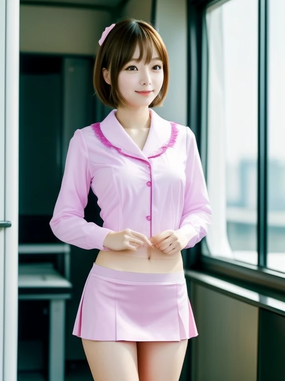 (((Small))),Side Shot,masterpiece, highest quality, High resolution, wallpaper, Realistic, Bright lighting, Professional Lighting, Face Light, Smooth lighting, Japanese Girls, ((Whole body 1.4)),Are standing, cute, smile, beautiful girl, gravure, sexy, so beautiful, Beautiful Skin, Beautiful and detailed、Detailed face、slim、Moderate, short hair, Blonde Hair, Brown Eyes, View your viewers,Cabin Attendant Costume,mini skirt,Are standing、Pink Panties,Panty Shot,Small,Bare legs,