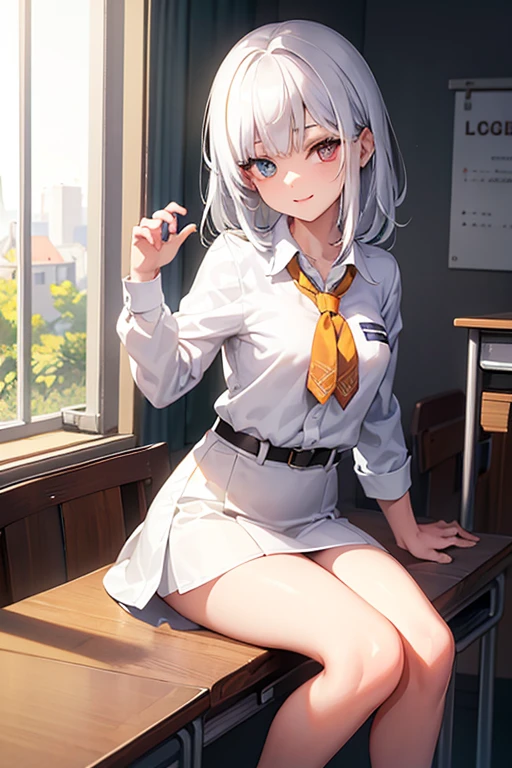 una joven chica de piel blanca, delgada, cabello vino tinto y largo,Asian eyes with heterochromia with long eyelashes, lleva una cicatriz en la mejilla, lleva un uniforme escolar de falda verde, blusa blanca con chaleco gris y corbata roja, is sitting in a classroom 