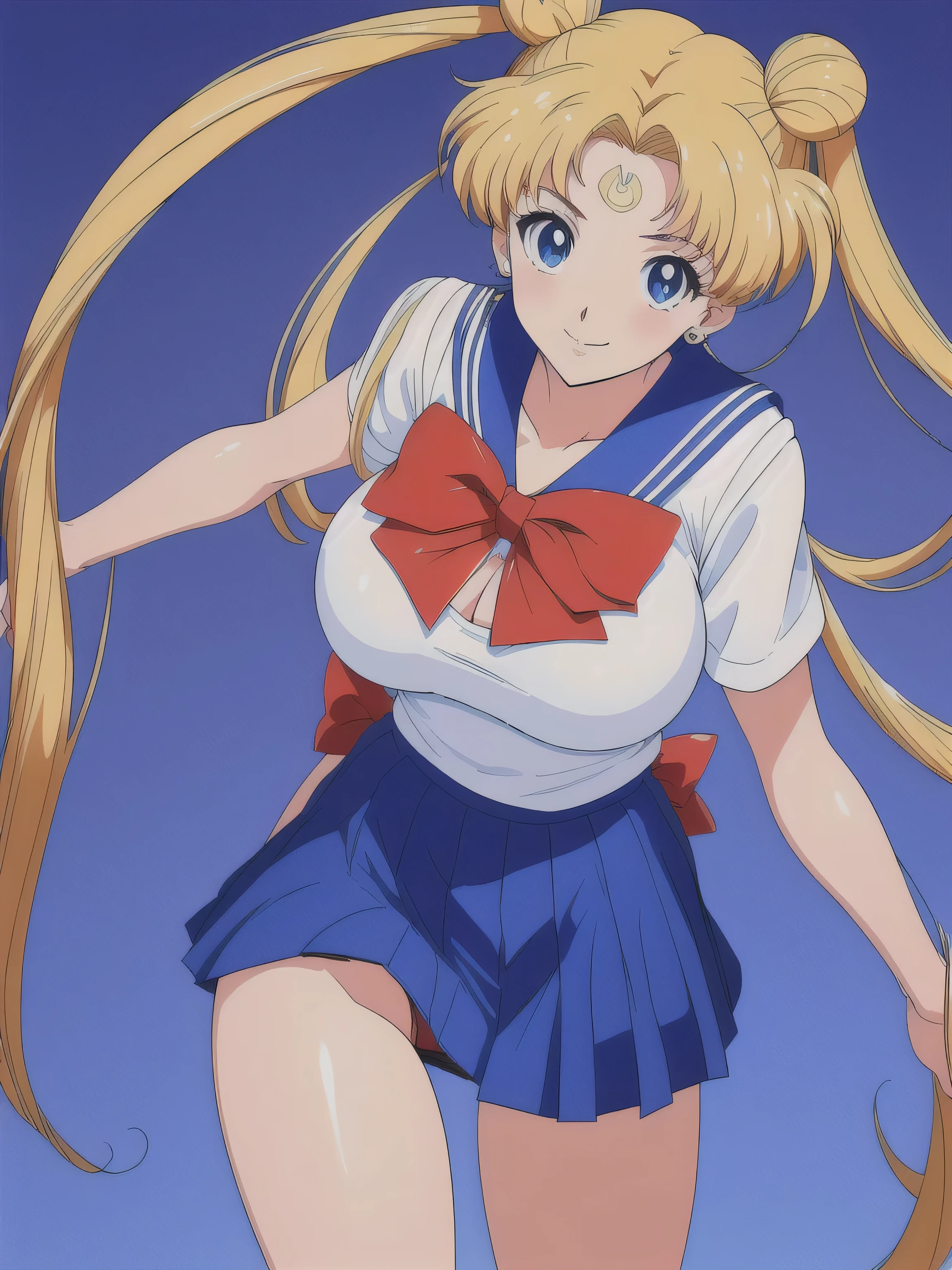 (Masterpiece, Top Quality, Highly Detailed, 16K Anime High Resolution, Art Style, Clean Brush Strokes, Highly Detailed, Anatomically Perfect Body), 1 Girl, ((SMUsagiTsukino)), (Perfect Face, very detailed), smile, beautifully detailed eyes, blue eyes, (blond hair, long hair, twintails), table top, (big breasts: 1.2), (school uniform, blue sailor suit, blue background, bowknot, red (Bow tie), High body, Smooth body line, Wide waist: 1.2, Big butt: 1.2, Beautiful legs, (SEXY pose), Wearing white panties, Looking towards you, (Urban background), (Front photo) , taken from above),