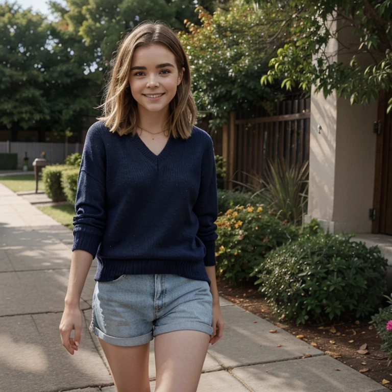 Kiernan Shipka in fall weather dressed in summer clothes and smiling