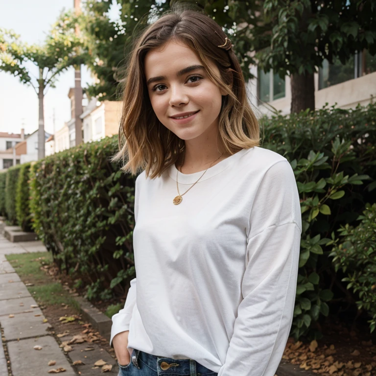 Kiernan Shipka in fall weather dressed in summer clothes and smiling