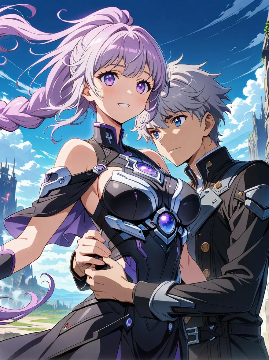 (1yj1)，Close shot, 1gir, 1boy, Embrace，Eyes look at you，Purple Hair，Purple Eyes，Long hair，Gray hair，Ponytail，(White mechanical battle armor BREAK Future technology black dress), (1 couple)，Anime character with purple cloak，流行的Different world动漫，Official Anime Artwork，Official Fan Art，Official Art，Fantasy style anime，Shadow Poetry Style，detailed key anime art，Fantasy Anime Series，Different world，Headquarters Artwork，8K，future，hero，Doujin Art Artstation