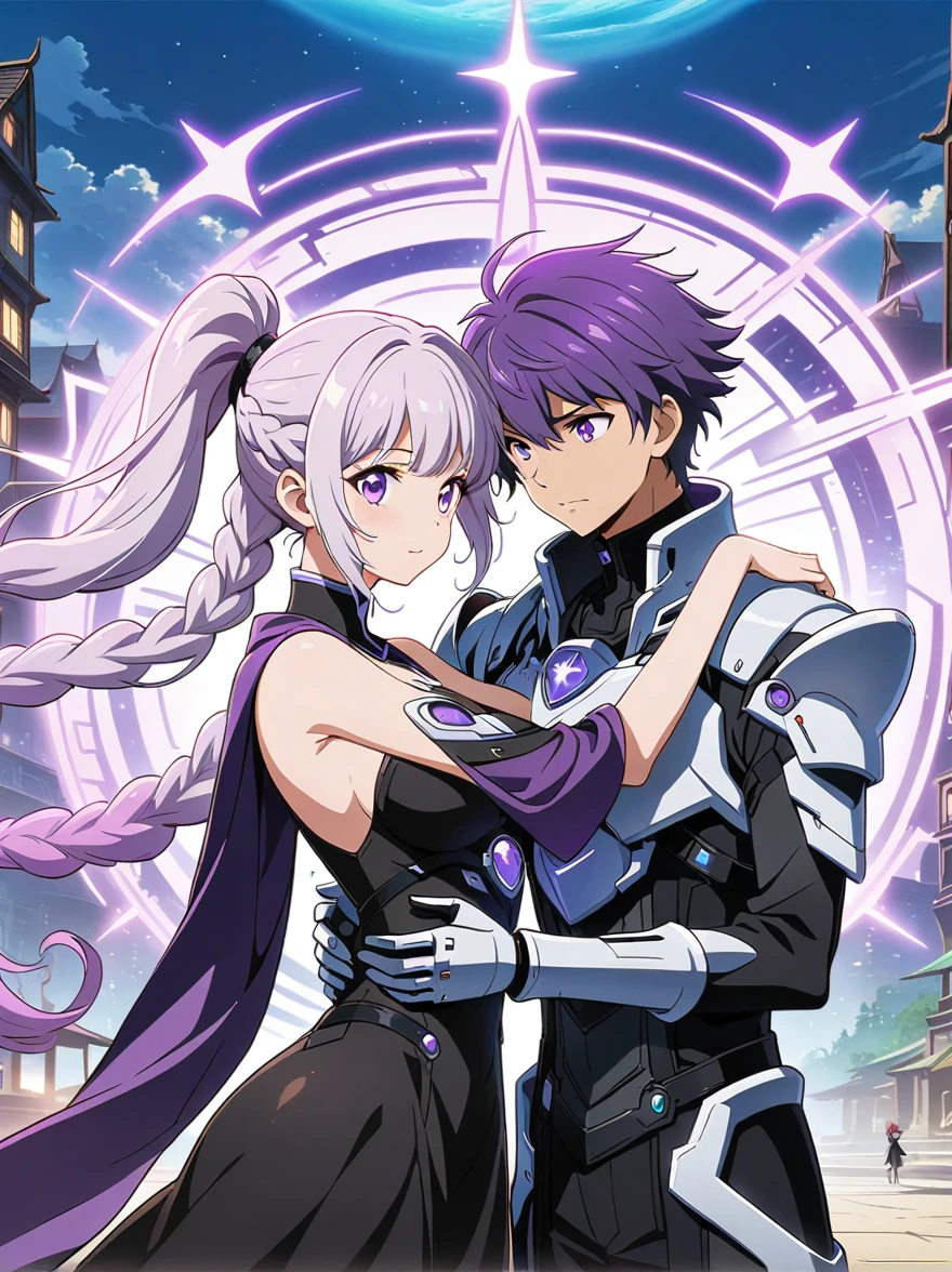 (1yj1)，Close shot, 1gir, 1boy, Embrace，Eyes look at you，Purple Hair，Purple Eyes，Long hair，Gray hair，Ponytail，(White mechanical battle armor BREAK Future technology black dress), (1 couple)，Anime character with purple cloak，流行的Different world动漫，Official Anime Artwork，Official Fan Art，Official Art，Fantasy style anime，Shadow Poetry Style，detailed key anime art，Fantasy Anime Series，Different world，Headquarters Artwork，8K，future，hero，Doujin Art Artstation