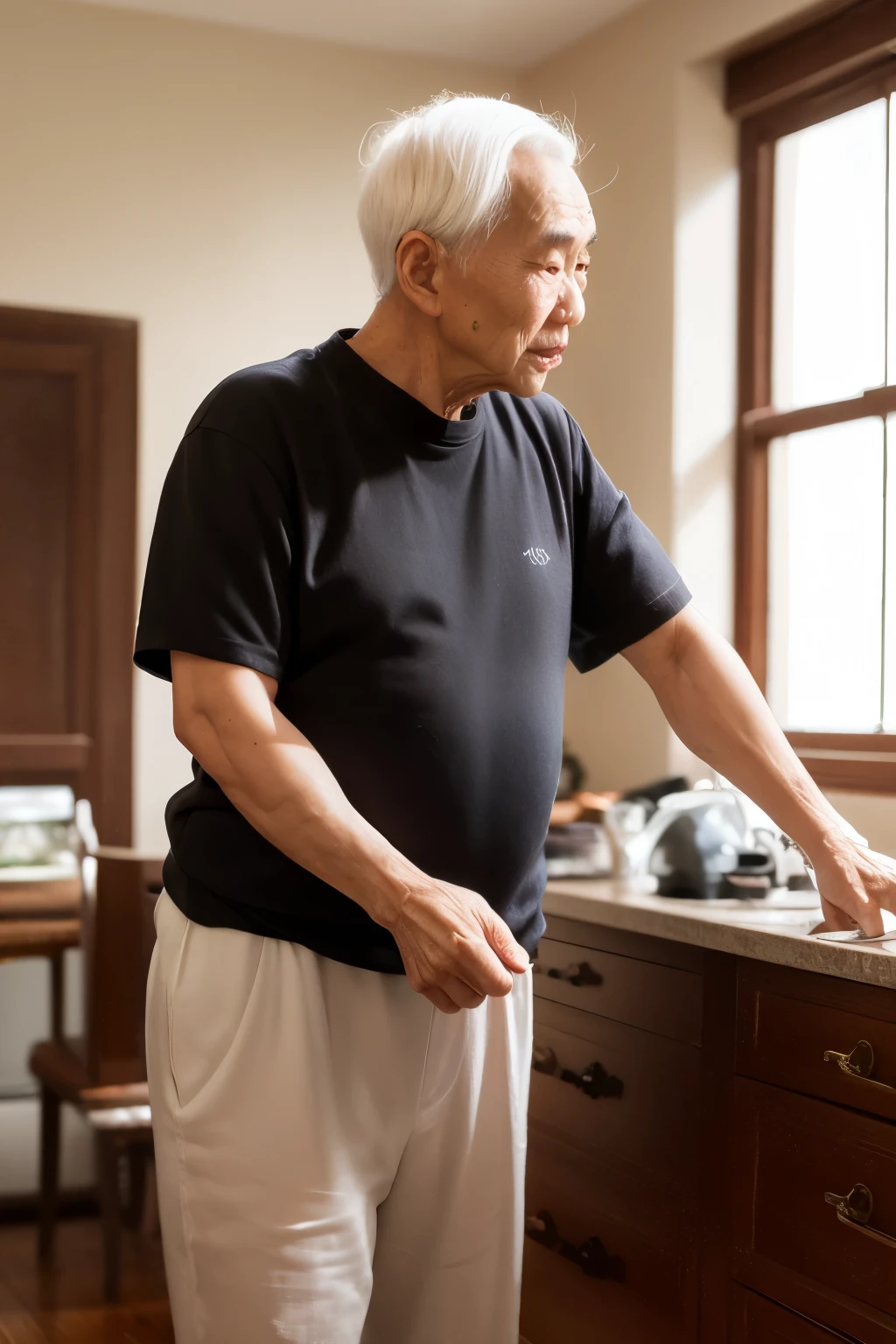  Man, 78 years old，Old overseas Chinese Asian，Thin，White hair，Wear ordinary clothes，，Old，North American living decoration in the house