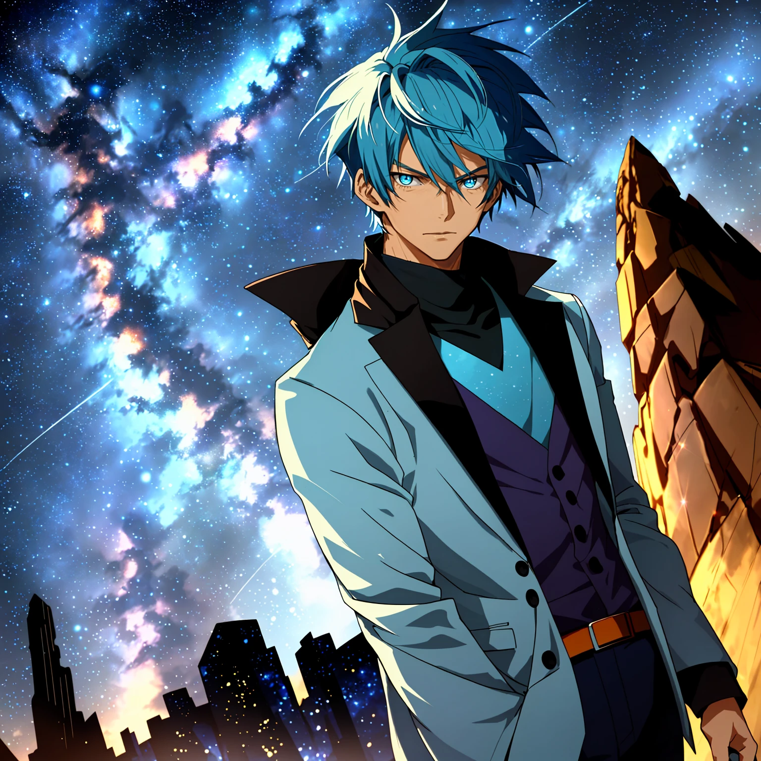Anime - Man with short blue hair and blue suit，Desert at night，blue eyes，against the background of the Milky Way，Starry Sky，