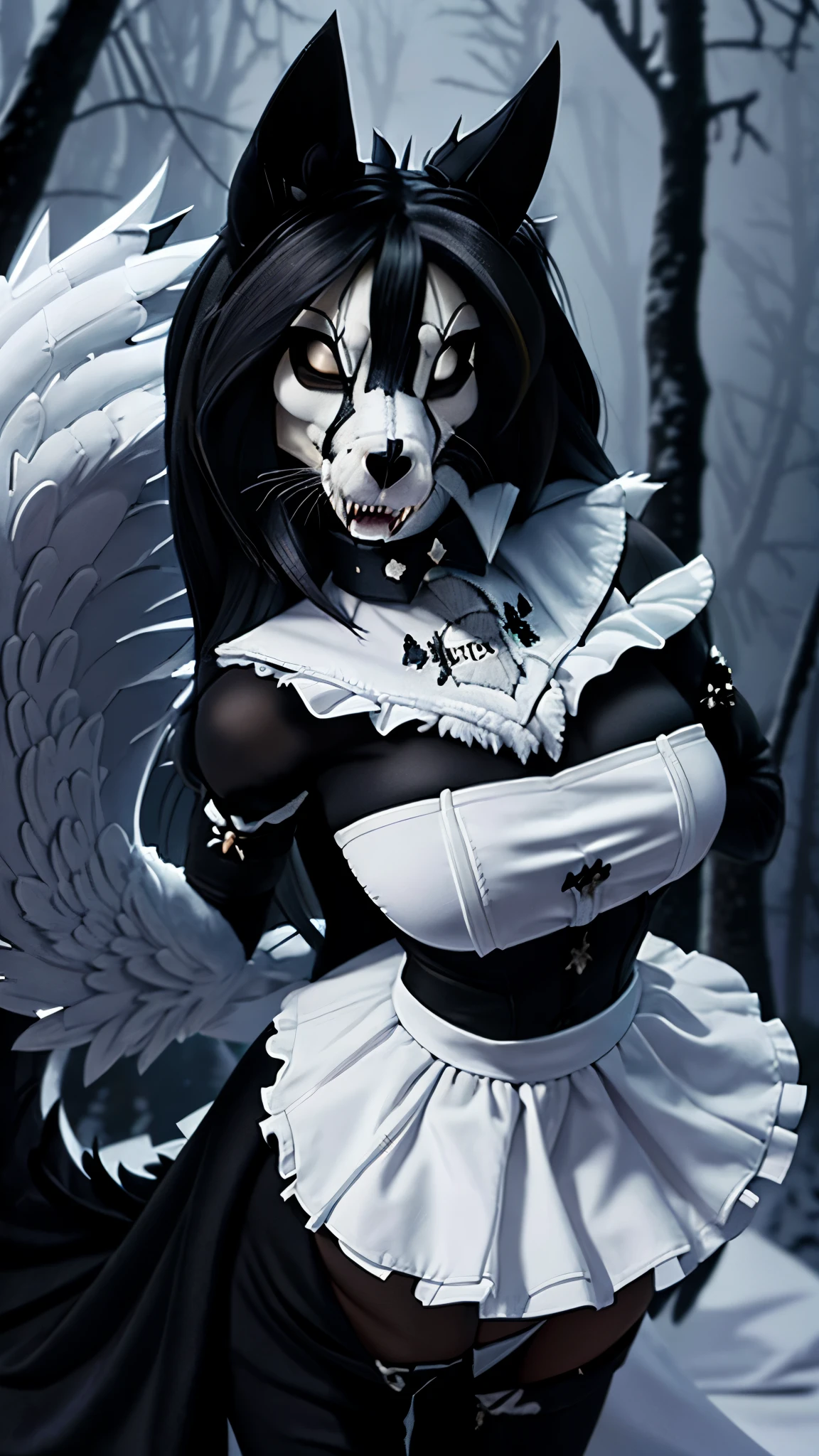 (slit pupils, white eyes, black sclera), digitigrade, (collar), masterpiece, best quality, detailed realistic fur, (maid dress, maid), fancy pants, (background is a snowy forest), detailed background, (low angle shot), detailed face, detailed eyes, detailed fluffy fur, fluffy tail, clothed, damaged clothing, bloody