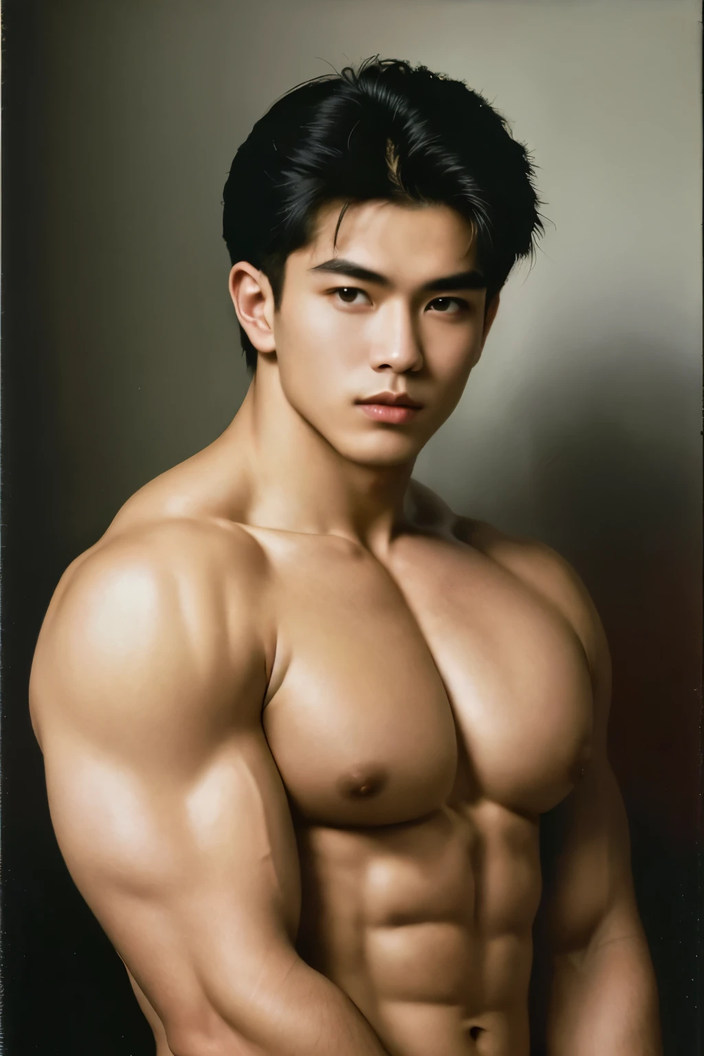 (best quality,ultra-detailed,high resolution,masterpiece:1.2),detailed portrait of a man with extraordinary physique,(realistic,photo-realistic:1.37),epic scene,dark aeshtetic,Japanese artist Rumiko's interpretation of 90s and 80s retro style,fine brushwork,evocative atmosphere,moody lighting,strong contrast, vivid colors,multiple focus points,impeccable attention to facial features and musculature,seamless blending of traditional and contemporary influences,expressive eyes and lips,captivating gaze,impressive body proportions,intricately crafted clothing inspired by the 90s and 80s fashion,confident and charismatic posture,memorable and nostalgic flair.
