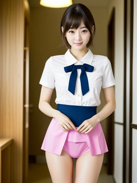 (((Small))),Side Shot,masterpiece, highest quality, High resolution, wallpaper, Realistic, Bright lighting, Professional Lighting, Face Light, Smooth lighting, Japanese Girls, ((Whole body 1.4)),Are standing, cute, smile, beautiful girl, gravure, sexy, so beautiful, Beautiful Skin, Beautiful and detailed、Detailed face、slim、Moderate, short hair, Blonde Hair, Brown Eyes, View your viewers,Cabin Attendant Costume,mini skirt,Are standing、Pink Panties,Panty Shot,Small,Bare legs,