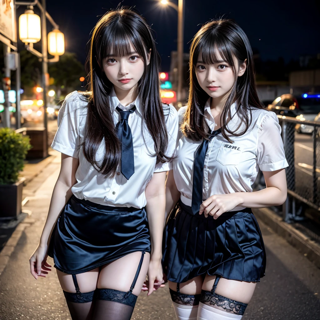 Medium chest、25 year old woman、Pose with slightly bent knees:1.3、Seduce with legs、I can see my underwear、Pose with butt sticking out、Naughty temptation、pose of temptation、sexy pose、erotic thighs、high angle shot、center view、Standing in the neon city at midnight、white short sleeve shirt、Two arafe Asian women wearing satin shimmy、Upper grade:1.2、look of temptation:1.3、Medium chest、chest bulge、amazingly cute girl、japanese girl、Wearing a lace slip shimmy、surreal 、surreal 、 temporarily stop、Full body Esbian、nice skin、glowing skin、nice thighs、Glowing thick knee socks、Japanese high school 、Nogizaka Idol、(Japanese high schoolの)、please invite me inside、Inviting Eyes、white blouse、dark blue skirt、black stockings