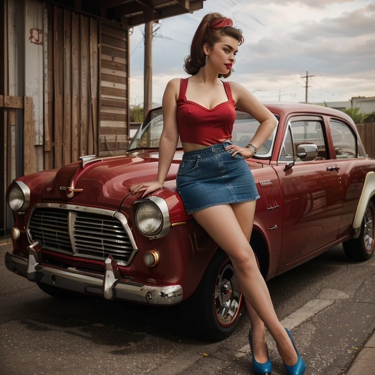 arafed woman in a red top and denim skirt leaning on a red car, pinup model, pin up, sixties pinup, pinup style, retro pinup model, pin - up, pin-up, pin up girl, pinup, pinup pose, pinup girl, vintage pin up, 1950s vibes, pin-up poster girl, girl pinup