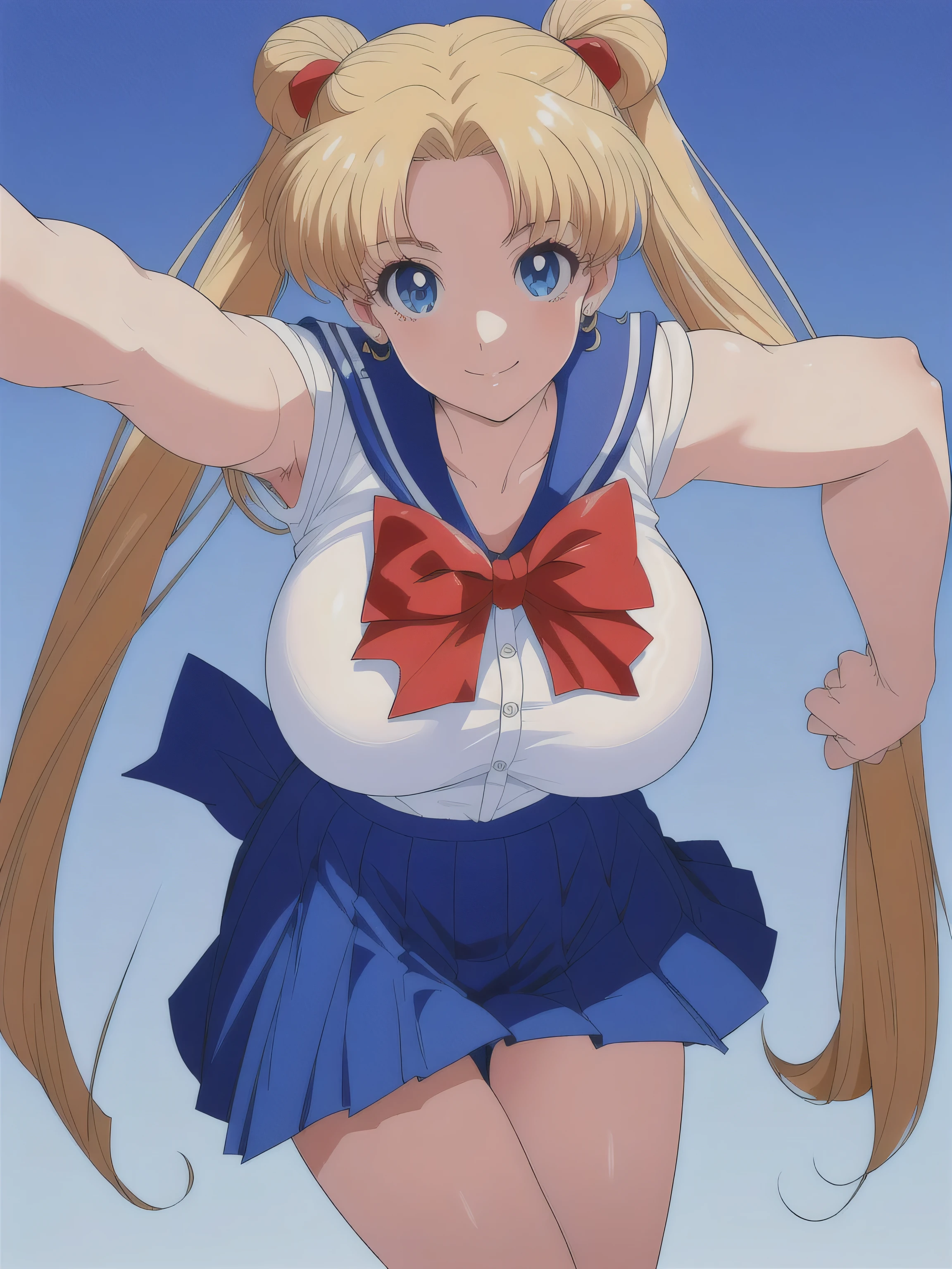 (Masterpiece, Top Quality, Highly Detailed, 16K Anime High Resolution, Art Style, Clean Brush Strokes, Highly Detailed, Anatomically Perfect Body), 1 Girl, ((SMUsagiTsukino)), (Perfect Face, very detailed), smile, beautifully detailed eyes, blue eyes, (blond hair, long hair, twintails), table top, (big breasts: 1.2), (school uniform, blue sailor suit, blue background, bowknot, red (Bow tie), High body, Smooth body line, Wide waist: 1.2, Big butt: 1.2, Beautiful legs, (SEXY pose), Wearing white panties, Looking towards you, (Urban background), (Front photo) , taken from above),