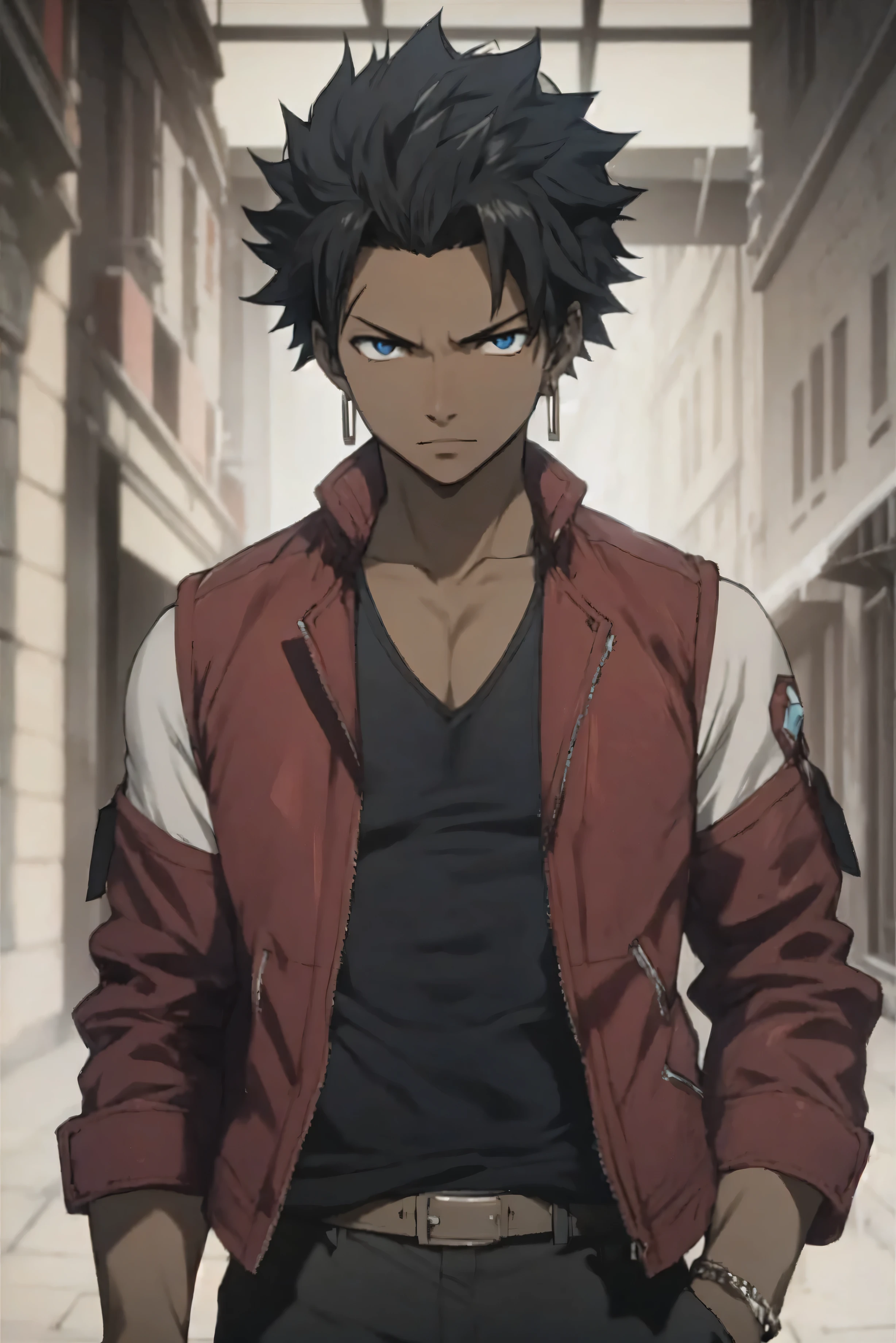 masterpiece, best quality, game cg, black skin tone, dark skin tone,1boy, solo, male focus, looking at viewer, upper body, depth of field, anime coloring, , sting_eucliffe, dark hair, blue eyes, spiked hair,  bare shoulders, jewelry, jacket, earrings, open clothes, sleeveless, necklace, black clothes, open jacket, sleeveless , pants, cross, (red jacket:1.5)
