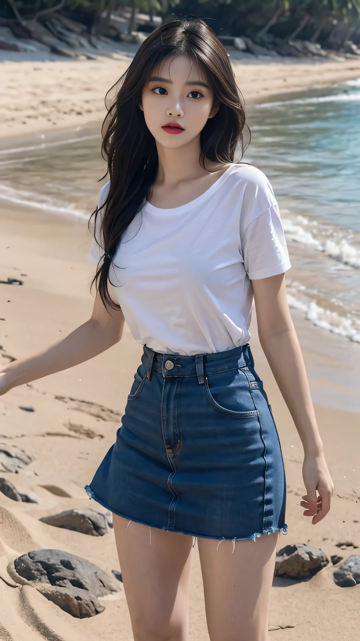 best quality,masterpiece,ultra high resolution,(actual:1.4),original photo,ultra high definition，8k，A perfect young female，High picture quality，Black hair，Long hair flowing over the shoulders，Beach wave hairstyle，oversize t-shirt and short , Hydrated red lips，Real Human，CG rendering