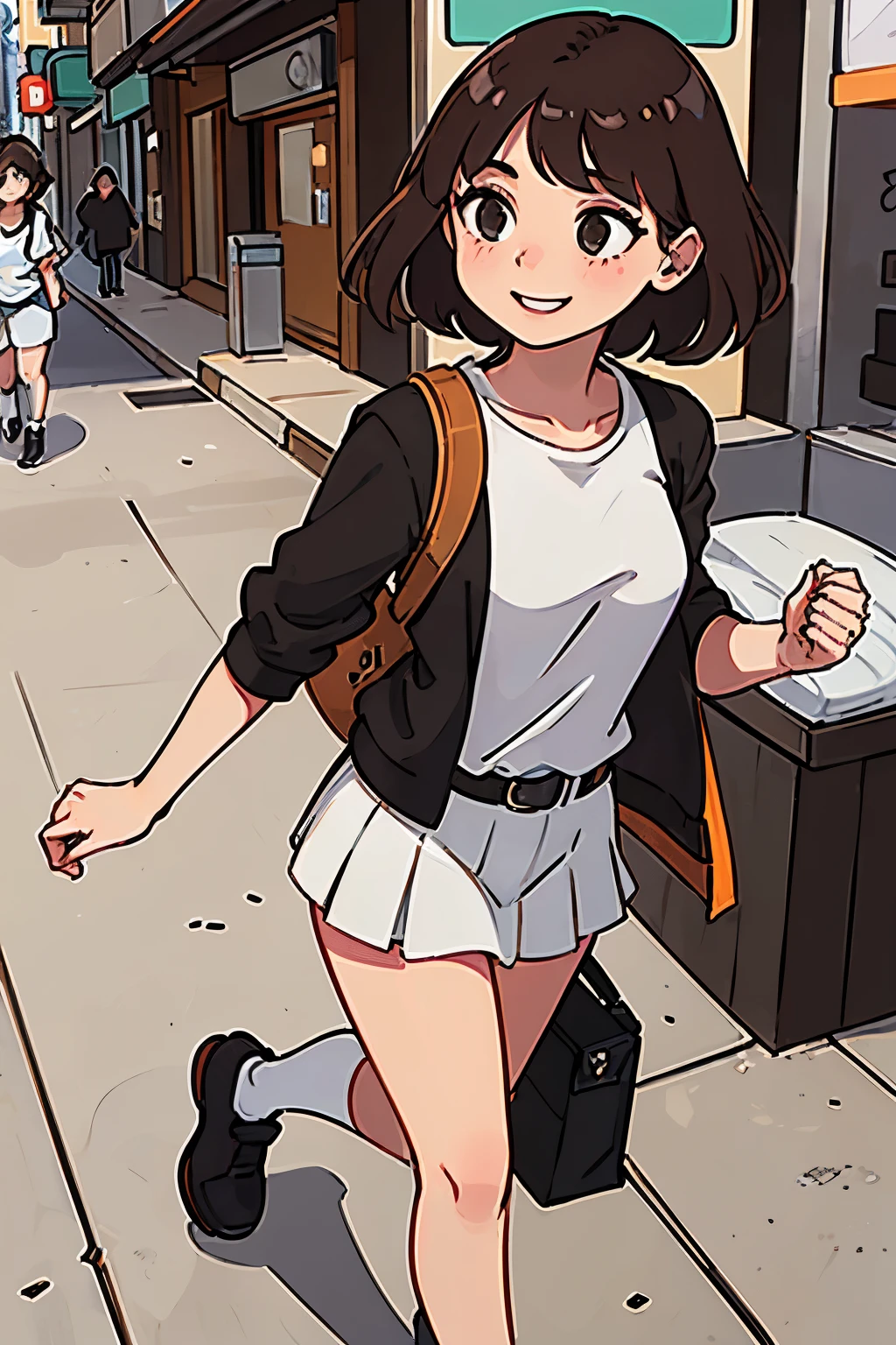 One female college student、Brown Hair、Long sleeve cutter shirt（white）、Thin belt（Brown）、mini skirt（black）、Ankle-length shoes（white）、shoes（black）、Shoulder bag（gray）、Shopping Street、While walking、Outdoor、sunny、smile
