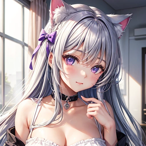 Cat ear、Silver Hair、Purple eyes、beautiful girl、Yshirt、cool、E Cup