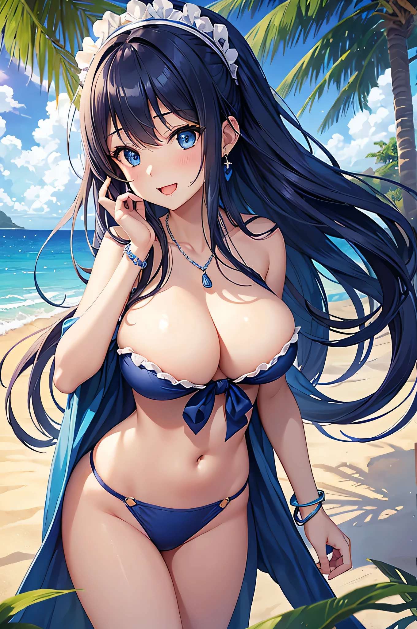 highest quality、Best image quality、masterpiece、beautiful girl、Navy blue long hair、blue eyes、Navy Blue Bikini、Big cleavage、(Big Breasts)、smile、blue necklace、Blue Earrings、background(Beach)、Sexy pose、Please open your mouth wide、White headband、angle(From the side)、bracelet、forward leaning posture