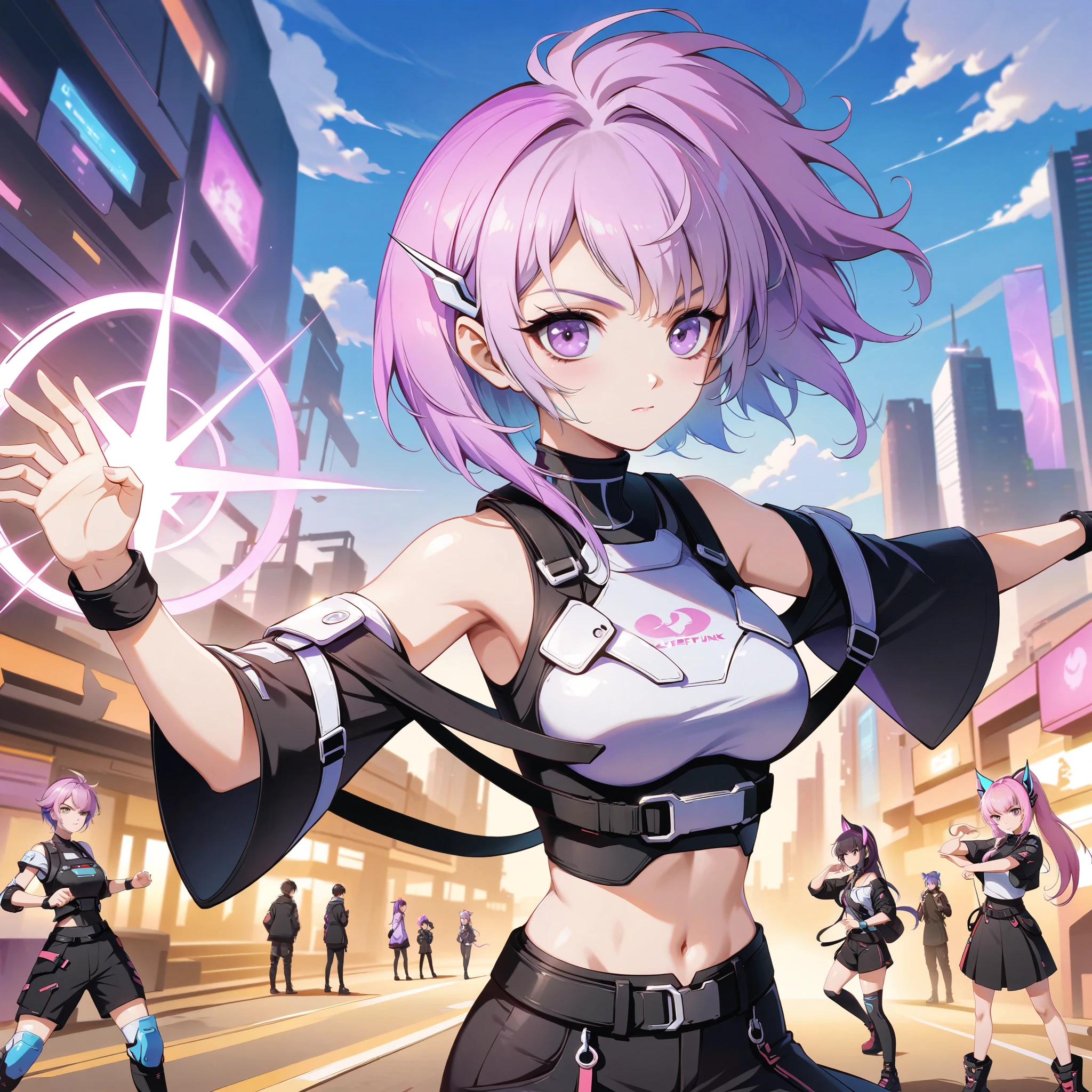 shota and girl,cp,lover,fighting stance,yinji,fighting clothes,1yj1,fighting pose,looking at viewer,blurry background,ray,sky,sun,cloud,cyber punk Girl, cyberpunk fashion,depth of fields, cyberpunk city background, cinematic lighting,dynamic angle,dynamic angle,