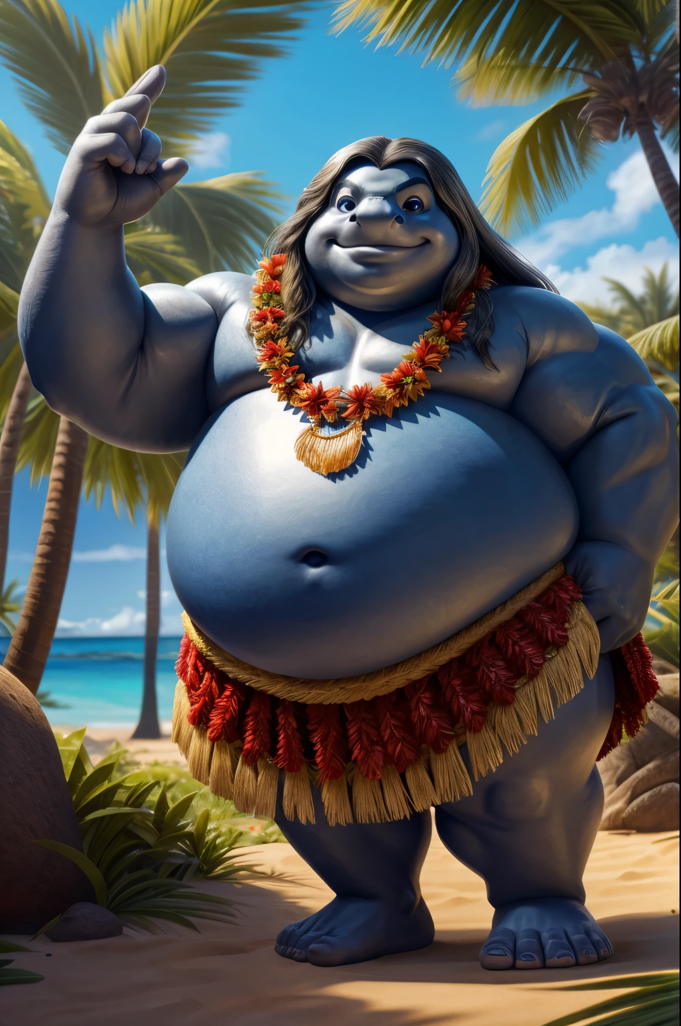 character, fantasy art. fantasy race, 1man, beautiful face, detailed face, charismatic, gorgeous, silver long hair bowl cut, bang, heavy looking, bbw, soo much fat, fat folding, tall, strong fat body. high detail, iconic character, extremely high detail, detalied face. muscular fat character, dolphin silver skin, shiny glowing skin, smooth skin. disney lilo and stitch eyes: 0.9, big round eyes, large nose, big nostrils, big large mouth, upward ears. large fat finges, three fingers on feets. hula hula. high illumination, sharp, blur detailer. hawaian inspiration, pacific island aboriginal clothes.