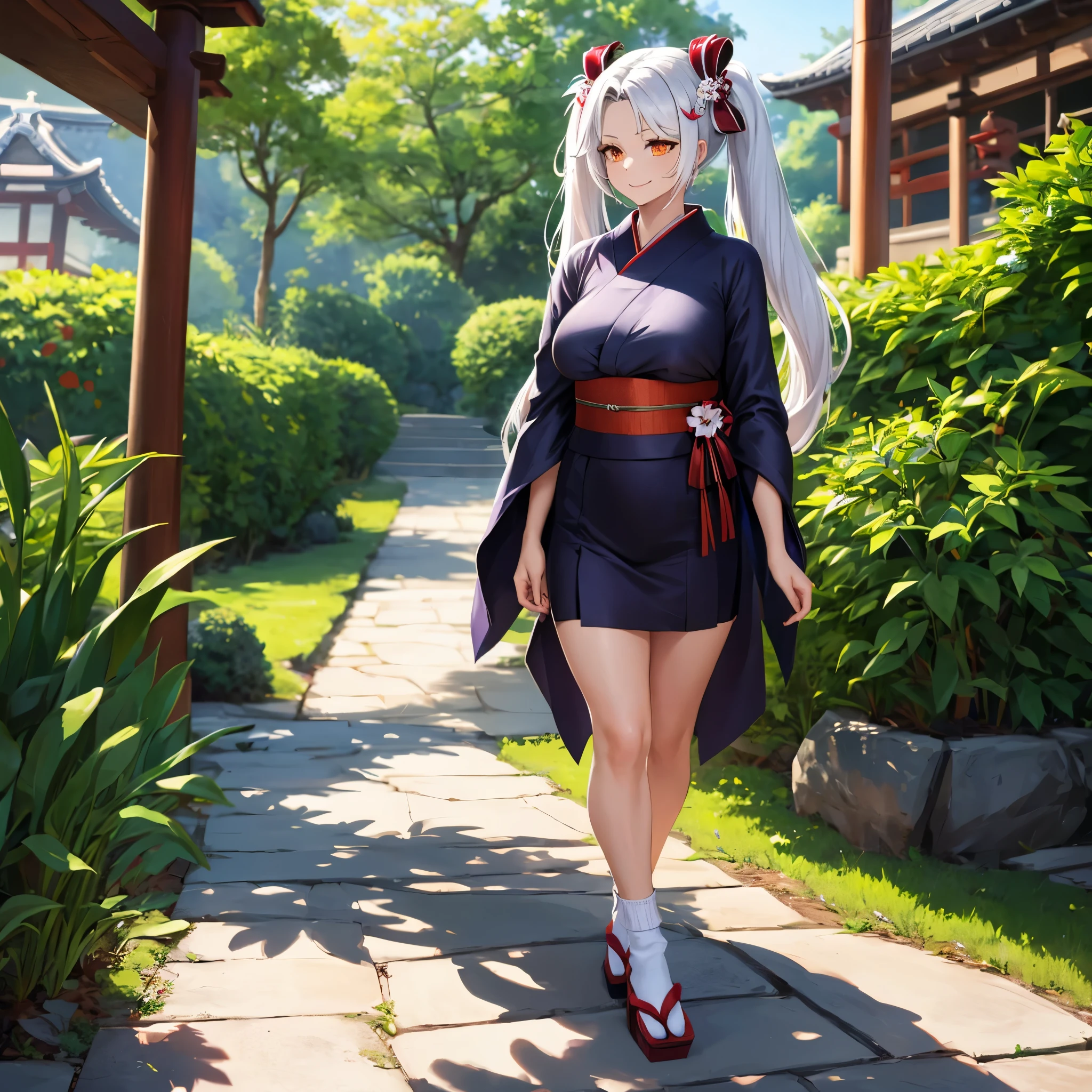 A woman wearing a black long-sleeved Yukata (with a flower design on the yukata), long white socks, traditional Japanese shoes, white fur cape, white hair, pigtails, red bow on the pigtails, red bangs, orange eyes , smiling, walking in an ancient Japanese garden walkway, place with bamboo, sakura tree, full body, shadow, flower, UHD, masterpiece, accurate, anatomically correct, textured skin, super detail, high quality, best quality, 8k, high resolution, bokeh effect. (solo woman)
