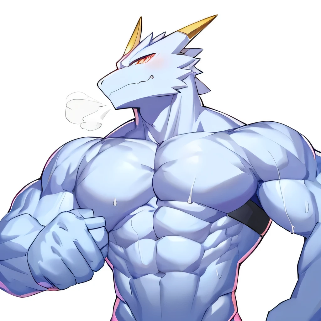 Thin macho　white dragon　　abs　　　　Hollow abs　　　thick arms　　　chest rig　　　、sweaty　　　skin glow　　profile　　Wearily　short of breath　　clenching one&#39;s back teeth　　Knees on the floor　　rubber suit