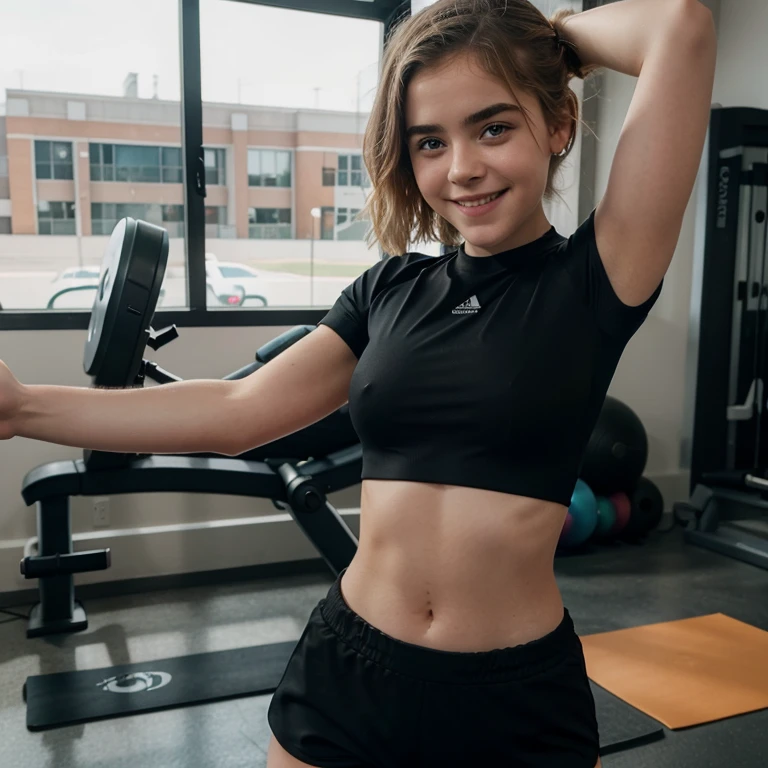Kiernan Shipka at the gym wearing a top and lycra shorts and smiling
