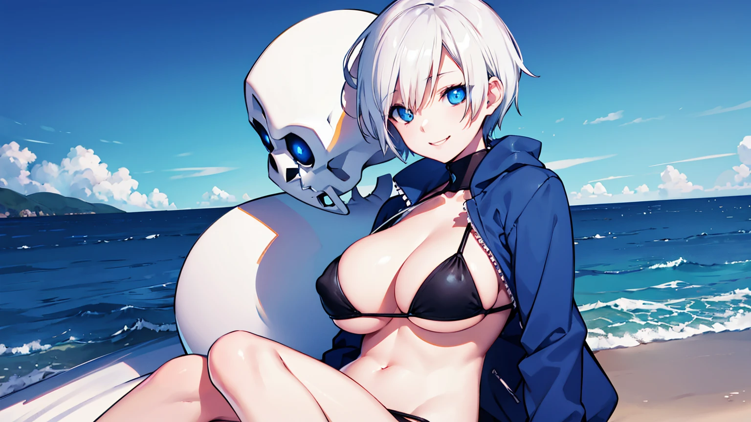 Toby Fox Undertale Sans Blue Jacket Bikini,Fire eyes skull smile white short hair glowing sexy person sitting on the beach Super big breasts breast enlargement looking at the camera illustration, ultra-detailed, HDR, vibrant colors, soft lighting high quality super detailed