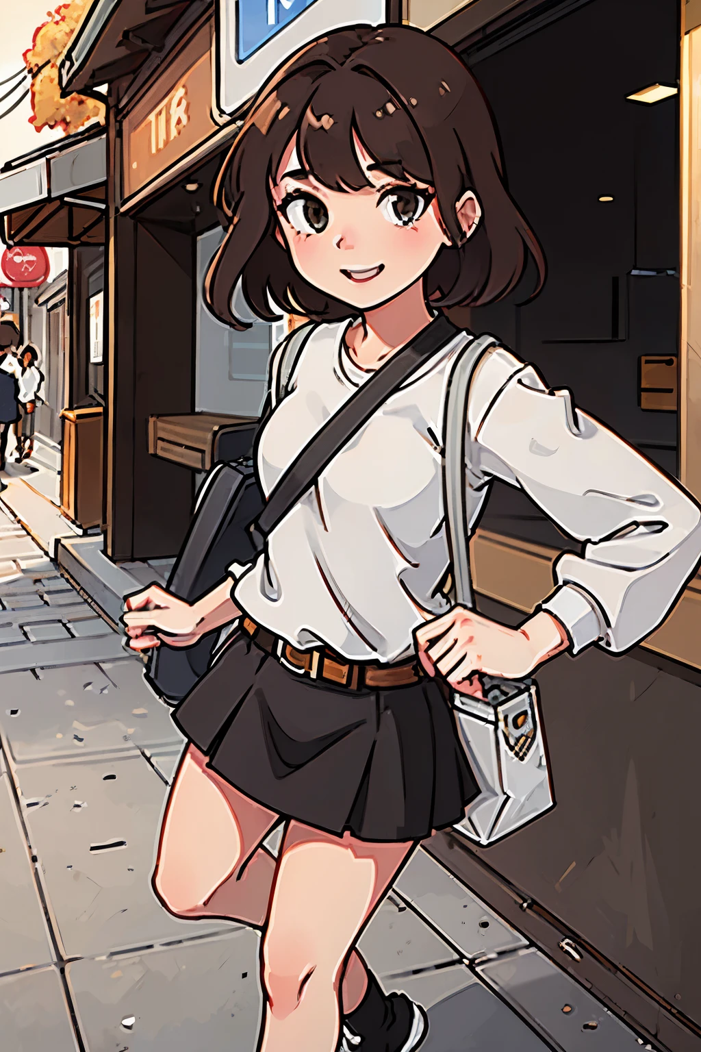 One female college student、Brown Hair、Long sleeve cutter shirt(white)、Thin belt(Brown)、mini skirt(black)、Ankle-length shoes(white)、shoes(black)、Shoulder bag(gray)、Shopping Street、While walking、Outdoor、sunny、smile