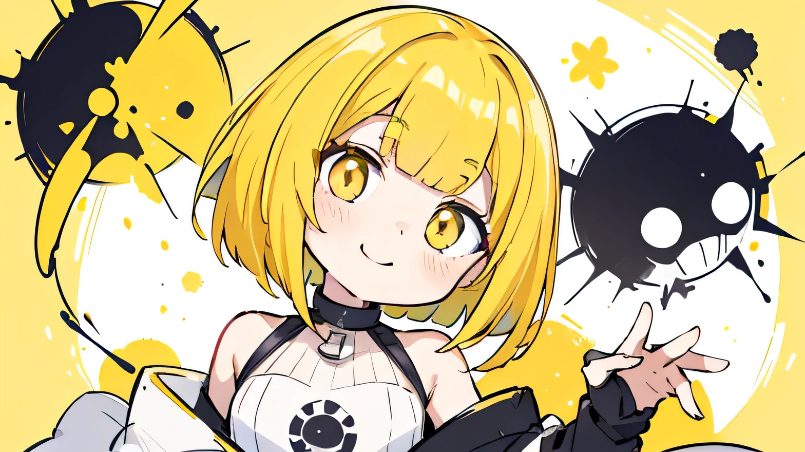 (Very bright:1.1), yellow background, [1 girl:7], (head tilt:1.2),smile, yellow hair, yellow Eyes, bob cut, hip-hop fashion, ([sketch|watercolor \(Moderate\)]:1.15), (Inkblot:1.1), (pale:1.2), vector trace, Gradient Blending, look back, Bright colors,((colorful)), flower, That&#39;s excellent, very detailed, Complex, (Extremely low contrast:1.4)