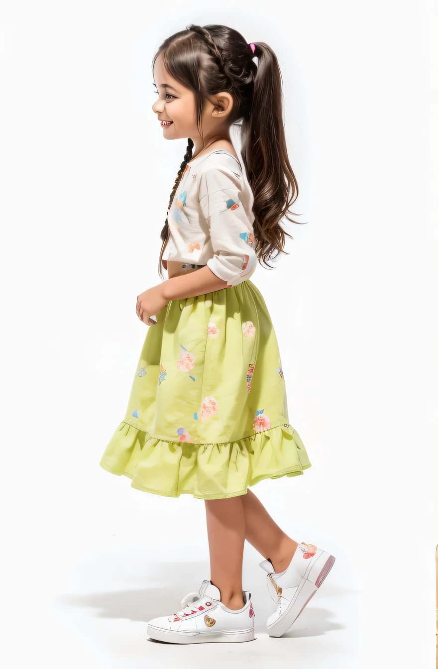 Fedora in jeans walking with a skateboard on a white background, (８Year old girl：1.66) ，（Girl）Black Hair，（Double braided chest：1.37），（smile：1.37）, （White sneakers），（Light floral skirt：1.37），（Long skirt:1.37）f a girl walking, Full body cute young woman, Side view of her taking a step, Standing girl, Cute Girl's, Go right, Full body image, Looking at the camera