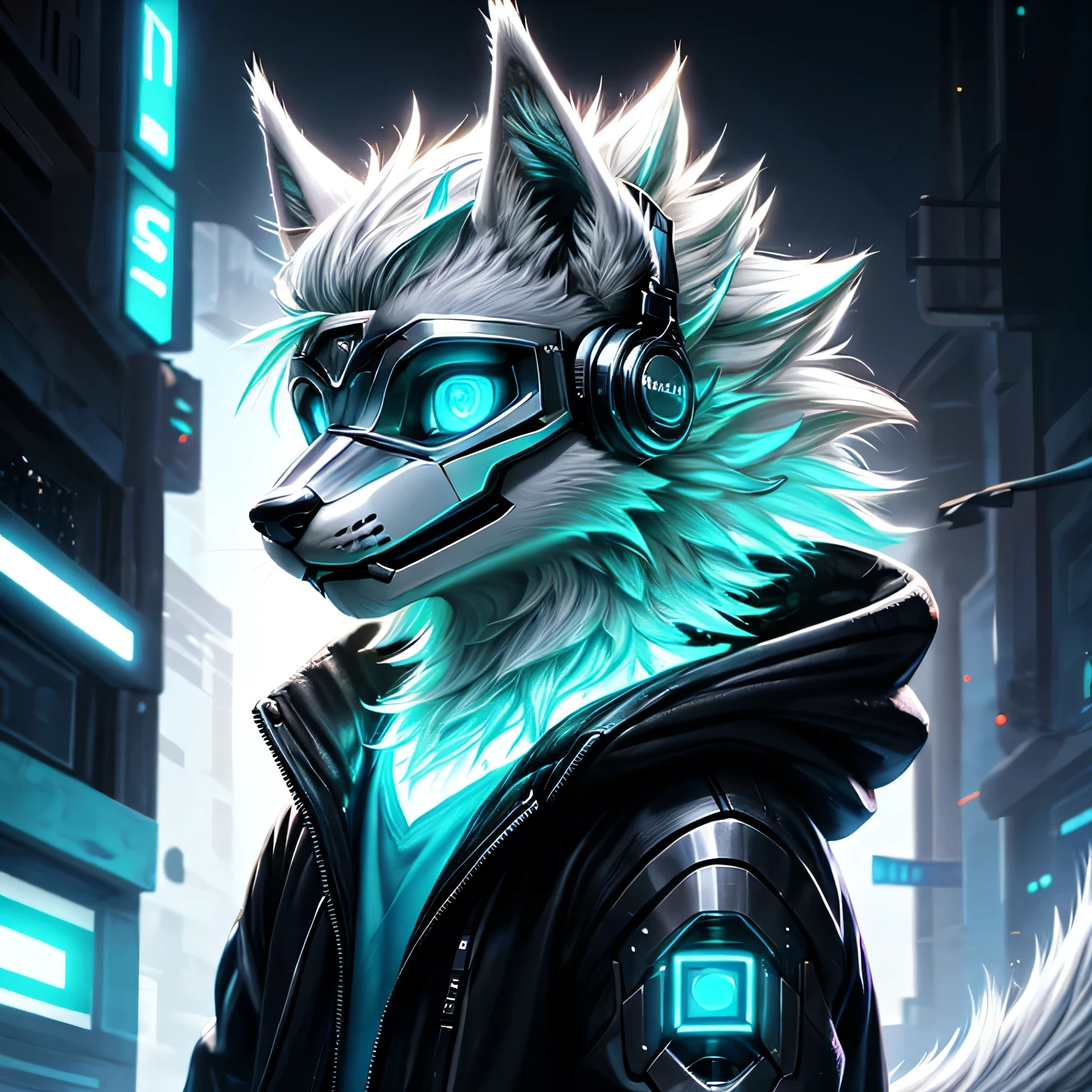 Young werewolf, white fur, wearing a black jacket with neon details, sporting a cybernetic mask, with gamer headphones, profile picture, Close-up on the facehigh quality, digital art, drawing, HD 4k fotorealistisch, ((clear structural details)), Meticulous and realistic, Detailed eyes, (Turquoise blue pupils), ((Silvery-white glowing eyes))  slenderness, soft, 4K, Excellent quality, high detal, Detailed fur, ((The tail is in the right place) ，Light blue shirt。Two ears，Yellow Hair，whole body，Standing ，small short mouth，personification
