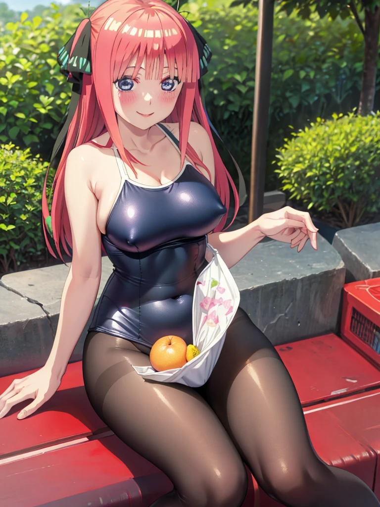 best quality, ultra-detailed masterpiece, nsfw, nino nakano, one-piece swimsuit, breasts, pantyhose, blush, smile, terrace, forest