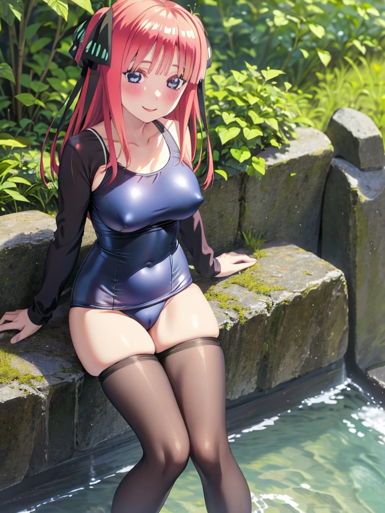 best quality, ultra-detailed masterpiece, nsfw, nino nakano, one-piece swimsuit, breasts, pantyhose, blush, smile, terrace, forest