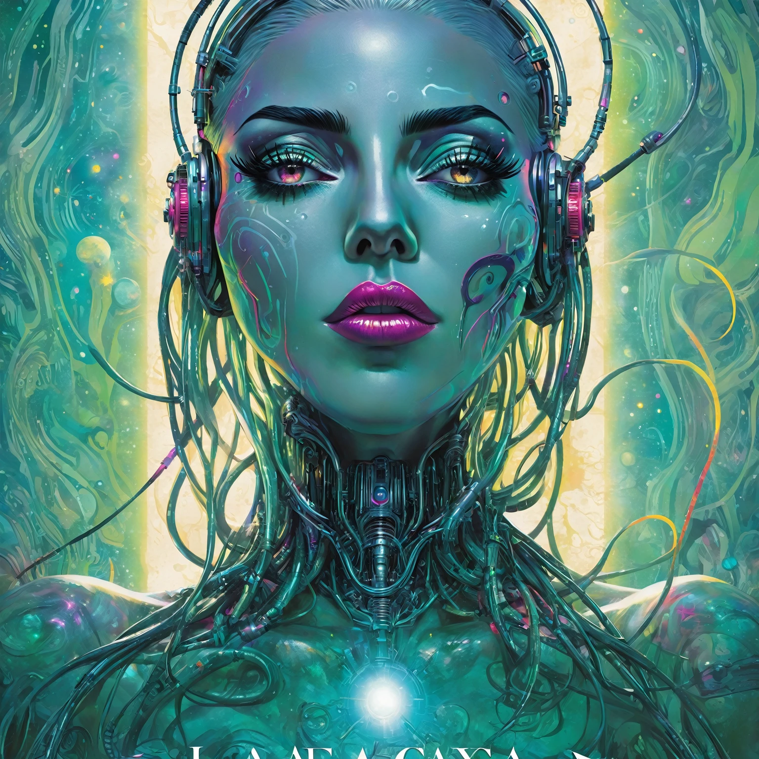 Lovecraftian Lady gaga, sexy cyborg body part, magazine cover, poster art , Lovecraftian creative creatures, hint of vibrant, bold huge text, matted design layout. technological elements, cosmic dread, noise background