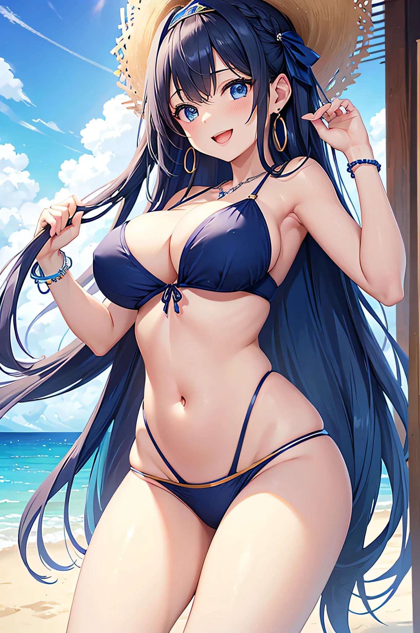 highest quality、Best image quality、masterpiece、beautiful girl、Navy blue long hair、blue eyes、Navy Blue Bikini、Big cleavage、(Big Breasts)、smile、blue necklace、Blue Earrings、background(Beach)、Sexy pose、Please open your mouth wide、White headband、Dynamic Angle、bracelet