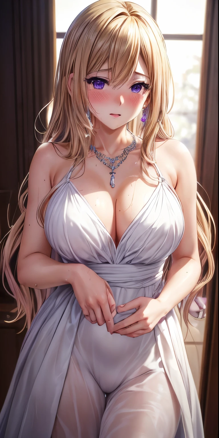 masterpiece, (best quality), 1woman,1girl ,1boy,,kawakami_mai,    blonde hair,  long hair, hair let down,  purple eyes, formal dress, white dress,   jewelry, necklace, earrings, large breasts, mole under eye,sexy woman, embarrassed,blush,  formal event,   vibrant colors ,,natural lighting  ,RTX,  , beautiful, (detailed face:1.2), showcase, (perfect eyes:1.1) ,(photorealistic:1.1), 8k uhd,  looking at viewer, indoors,  simple backround,blush,wet clothes 